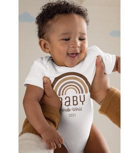Unisex Bebek Beyaz Rainbow Hello World Desenli Kısa Kol Body