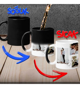 Ahşap Kutulu Eskitme Efektli 6 Fotoğraf Baskılı Sihirli Kupa Bardak
