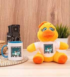 Kişiye Özel Kalp Detaylı Fotoğraflı  Peluş Civciv ve Mavi Kupa