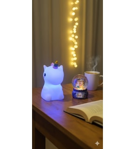 2 li Sevgiliye Romantik Hediye Seti Unicorn Çok Renkli LED Gece Lambası ve 9 Cm Mor Kar Küresi Seti