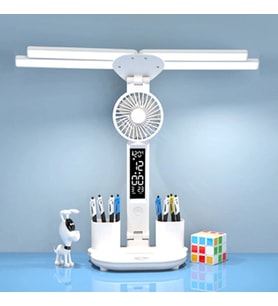 TechTic 8in1 Fanlı Masa Lambası 4 Başlı Lamba Saat Takvim Derece Kalemlik Telefon Tutucu Fan Lamba