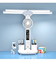 TechTic 8in1 Fanlı Masa Lambası 4 Başlı Lamba Saat Takvim Derece Kalemlik Telefon Tutucu Fan Lamba