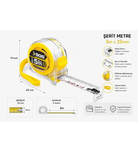 Powerblade Şerit Metre, 5m x 25mm, Çelik Şerit, Kilitli, Ergonomik Tasarım, Taşıma Askılı Şeffaf SGS2062