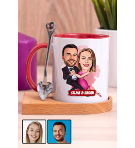 Romantik Sevgililer Günü Hediyesi Karikatürlü Ahşap Altlıklı Kırmızı Kupa Bardak