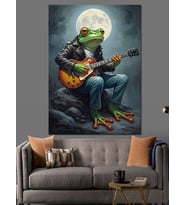 Gitar Çalan Kurbağa Sanatı Dekoratif Kanvas - Mdf Ahşap Tablo