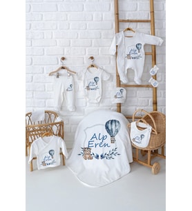 Pia Baby Premium %100 Pamuk 10 Parça İsme Özel Erkek Bebek Hediyesi Hastane Çıkışı Seti 5005-01 (Krem)