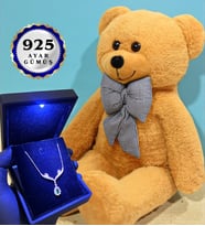 Büyük Boy Kahve Peluş Ayıcık ve Gerçek 925 Ayar Gümüş Kolye Seti (Model 3)