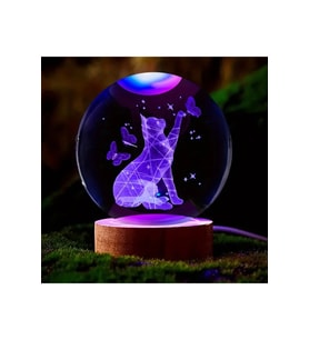 Kişiye Özel Işıklı Ahşap Kaideli Sevimli Kedi Temalı Cam Küre 8*6cm