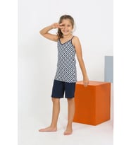pilelistore- Kız Çocuk İp Askılı Şortlu Penye Lacivert Pijama Takım