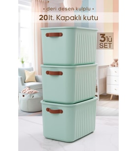 3 Adet Kulplu Mint Nane Yeşili Dolap Düzenleyici 20 Lt Kapaklı Saklama Kutusu Sepet Oyuncak Kutusu Organizer