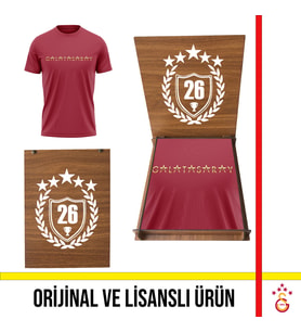 Galatasaray Lisanslı Yazılı 5 Yıldız Bordo T-Shirt 26 Şampiyonluk Ahşap Kutulu E251501