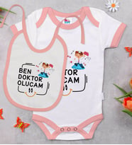 BK Kids Doktor Olucam Tasarımlı Pembe Bebek Body Zıbın ve Mama Önlüğü Hediye Seti-1