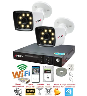 FURY 2 Kameralı 5mp Lens 1080p 2mp Color Görüntü 8 Warm Led Gece Görüş FullHd Güvenlik Kamera 5525W 1TB