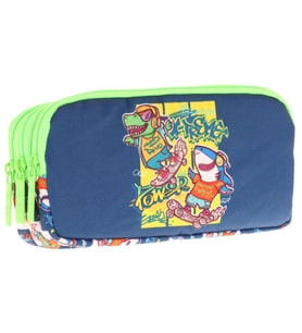 Kaukko Kids Lacivert Yeşil, Dinazor Temalı, Erkek Çocuk Üç Bölmeli Okul Kalem Çantası - L8256 (Çok Renkli)