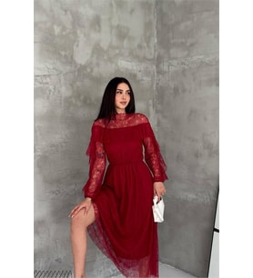 Neşeli butik kadın bordo transparan dantel detaylı tül midi elbise --- NBK4571