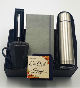Gri Defter & Kılıflı KromTermos & Gri Kenarlı Kupa & Beyaz Roller Kalem Hediye Seti