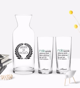 BK Gift Kişiye Özel Renkli Baskılı Rakı Seninle Güzel Tasarımlı İkili Rakı Bardağı ve Karaf Hediye Seti-1 (Model 1)