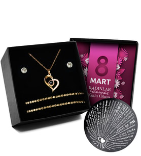 8 Mart Dünya Kadınlar Gününe Özel Gold Renk Kaplama Çelik 100 Dilde Seni Seviyorum Kolye & 2'li Küpe & İkili Bileklik Seti