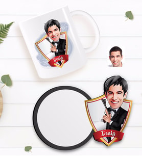 BK Gift Kişiye Özel Erkek Ajan Karikatürlü Beyaz Kupa ve Ahşap Bardak Altlığı Hediye Seti-1