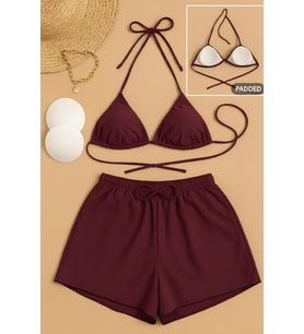 Northcity Kadın 3'lü Set Bordo Şortlu ve Yandan Bağlamalı Bikini Mayo Takımı