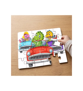 Renkli Arabalarda Sevimli Dinozorlar Tasarımlı 24 Parça Ahşap Çocuk Puzzle MPK0153