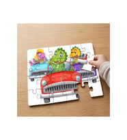 Renkli Arabalarda Sevimli Dinozorlar Tasarımlı 24 Parça Ahşap Çocuk Puzzle MPK0153