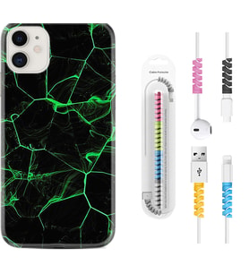 Apple iPhone 11 12 13 Mini Kılıf Kablo Koruma Spiral Silikon Yeşil Şerit Mermer 1320
