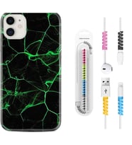 Apple iPhone 11 12 13 Mini Kılıf Kablo Koruma Spiral Silikon Yeşil Şerit Mermer 1320
