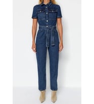 Kadın Moda Standart Kol Boru Paça Ceket Yaka Düz Desen Uzun Kemerli Denim Tulum (Mavi)