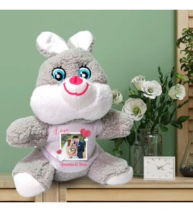 Kişiye Özel Fotoğraf ve İsim Baskılı Peluş Tavşan HK2453 (Gri)