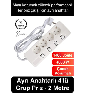 Özel Üretim 4'lü Ayrı Anahtarlı 2 Metre Akım Korumalı Grup Priz 1400 Joule 4000W Çoklu Uzatma Kablo