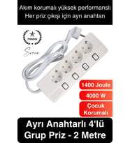 Özel Üretim 4'lü Ayrı Anahtarlı 2 Metre Akım Korumalı Grup Priz 1400 Joule 4000W Çoklu Uzatma Kablo