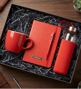 Kişisel Ofis Kutusu (Kişiye Özel Defter & Touchpen Kalem & Kılıflı Cam Matara & Kupa Bardak Ofis Hediye Seti) (Kırmızı)