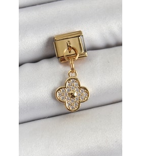 316L Çelik Sallantılı Zirkon Taşlı Yonca Model Gold Renk Nomination Charm 5886