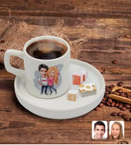 BK Gift Kişiye Özel Sunum Tabaklı Sevgililer Karikatürlü Türk Kahvesi Fincanı Model 5