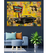 Vintage Graffiti Duvarı Fonlu Siyah Araba Ve "Western Motel" Tabelası Dekoratif Kanvas - Mdf Ahşap Tablo