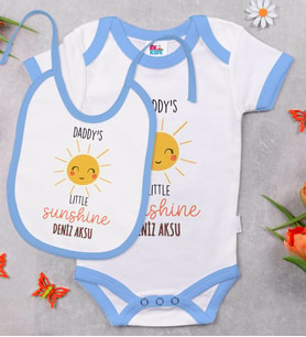 BK Kids Kişiye Özel Daddy's Little Sunshine Tasarımlı Mavi Bebek Body Zıbın ve Mama Önlüğü Hediye Seti-1