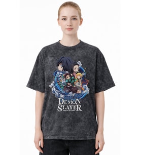 Tasarım Demon Slayer Kimetsu No Yaiba Anime Baskılı Unisex Oversize Eskitme Yıkamalı Tişört