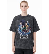 Tasarım Demon Slayer Kimetsu No Yaiba Anime Baskılı Unisex Oversize Eskitme Yıkamalı Tişört