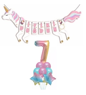 Şekilli Unicorn 7 Yaş İyi Ki Doğdun Gökkuşağı Balonlu Set
