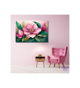 Tekli Yatay Kanvas Modern Yeşil Yapraklı Pembe Çiçekler
