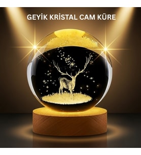 LED LED'li Geyikli Kristal Küre Ahşap Standlı Modern Dekor Lamba