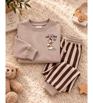 Ördek Sırt Baskı Detaylı Sweatshirt ve Çizgili Eşofman Kız & Erkek Çocuk 3İp Alt Üst Takım Krem/Kahve