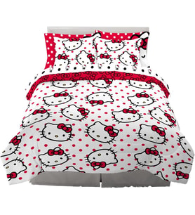 Sanrio Hello Kitty Puantiyeli Yatak Takımı 7 Parça Süper Yumuşak Yorgan ve Çarşaf Seti, Şemsiye, Kraliçe, (%100 Resmi Lisanslı Ürün) Koleksiyon Ürünleri