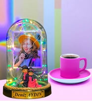 Size Özel Renkli Led Işıklı Fanus ve Pembe Türk Kahvesi Fincanı (Model 7)