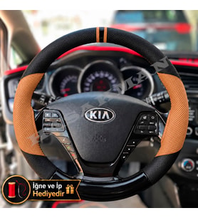 Kia Ceed Sportswagon Dikme Direksiyon Kılıfı Delikli Deri Parlak Siyah Taba Detay Çift Yüzük ve Dikiş 2012-2018