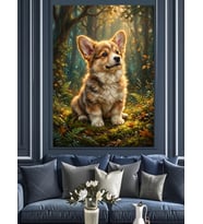 Ormanda Oturan Sevimli Corgi Köpeği Dekoratif Kanvas - Mdf Ahşap Tablo