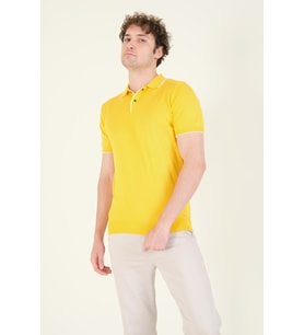 Giyim Dünyası Erkek Çıtçıtlı Yaka Biyeli Merserize T-Shirt Sarı
