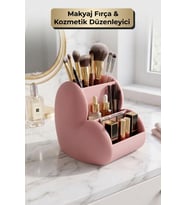Çok Bölmeli Makyaj Fırçası ve Kozmetik Organizeri Pudra Pembe