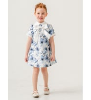 Babyhola 3-7 Yaş Japon Stil Bebe Yaka Çiçek Desenli Saten Kız Çocuk Özel Gün Elbise 7092 (Mavi)